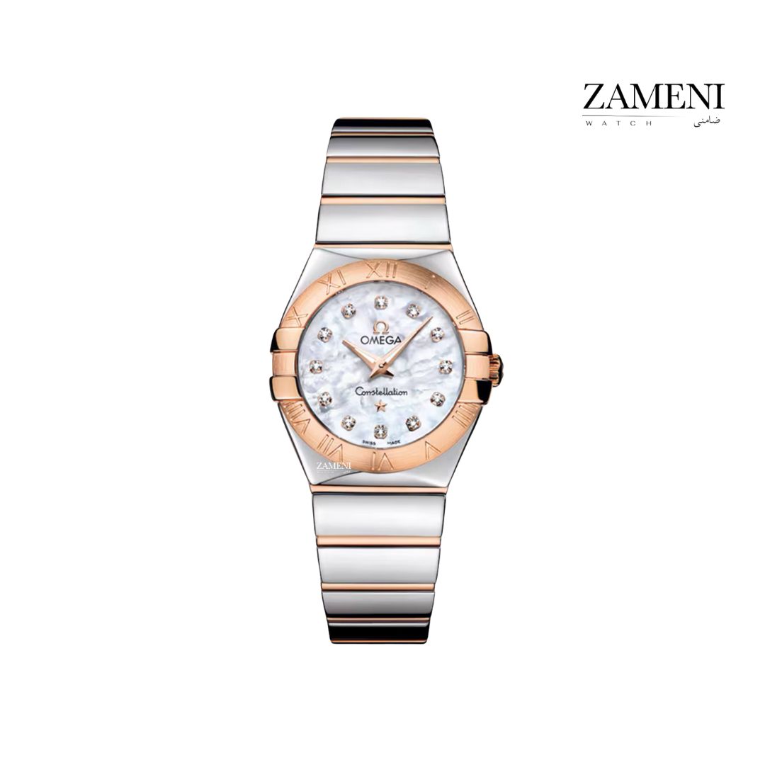 امگا کانسلیشن زنانه متوسط دورنگ رزگلد براق سایز ۲۷ میل صفحه صدف برلیان Omega Constellation 003