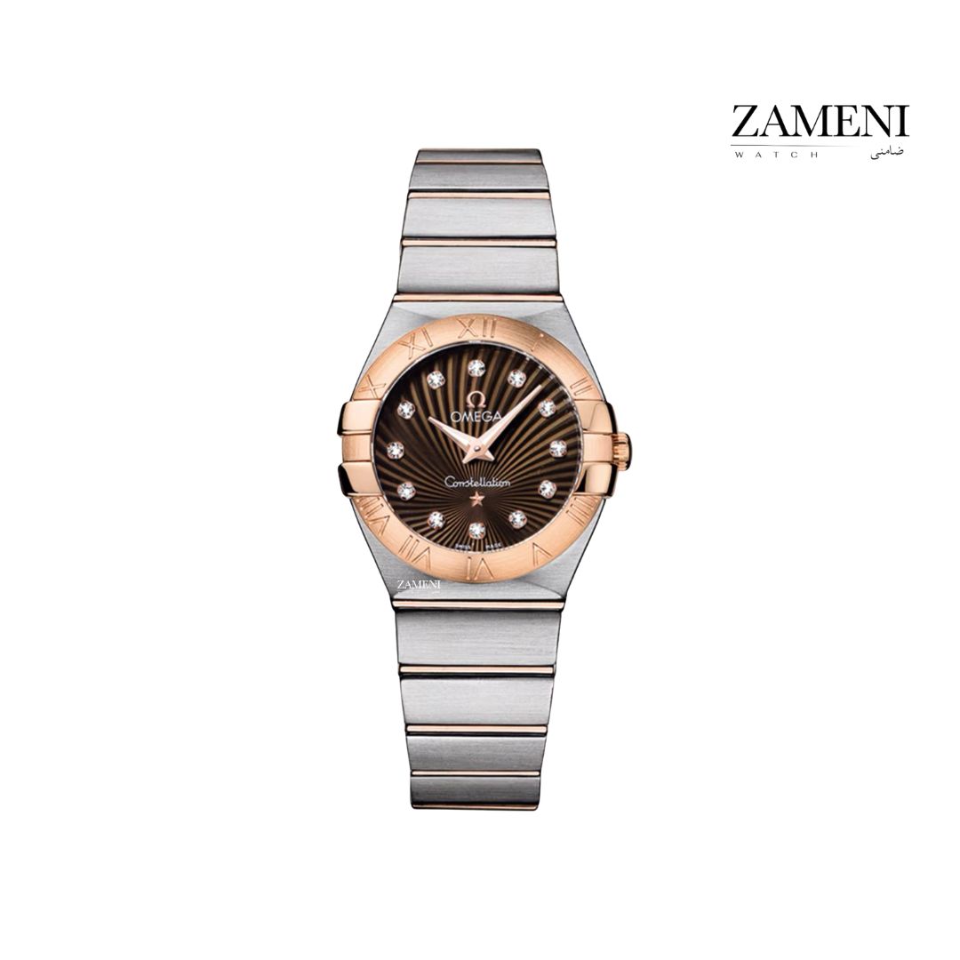 امگا کانسلیشن زنانه متوسط دورنگ رزگلد سایز ۲۷ میل صفحه قهوه ای برلیان Omega Constellation 002