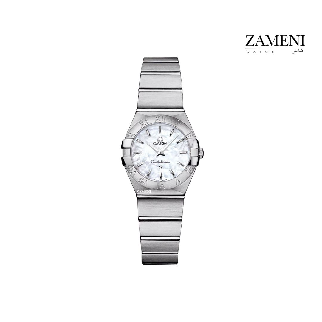 امگا کانسلیشن زنانه اسمال نقره ای سایز ۲۴ میل صفحه صدف اندکس Omega Constellation 001