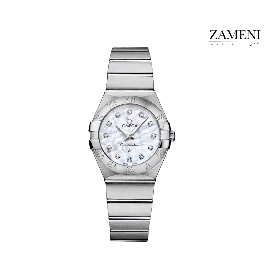امگا کانسلیشن زنانه متوسط نقره ای سایز ۲۷ میل صفحه صدف برلیان Omega Constellation 001